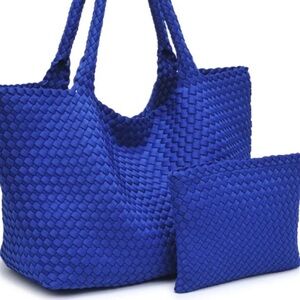 Sol and Selene Blue Structured Tote Bag with Geometric Design